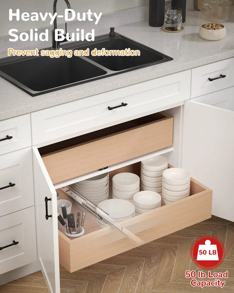 1 Pack 14 Inch Center Mount Drawer Slides Hidden Undermount Heavy Duty Concealed Rails Three Quarter Extension Bottom Glide Track Runners For Kitchen Cabinets Dressers And Chests Of Drawers With 50 Lb Load Capacity installed in a kitchen drawer