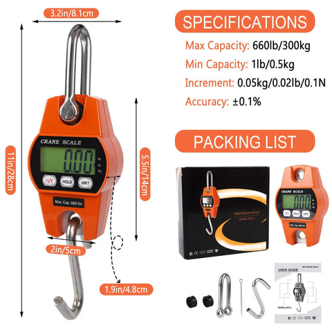 Heavy Duty 660Lb Digital Crane Scale Rock Solid Handheld Hanging Weight Meter with backlit LCD display and sturdy hook.