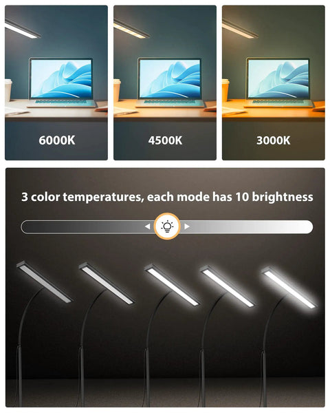Adjustable Clamp Mount Desk Lamp Featuring Three Custom Color Temperatures And Ten Smooth Brightness Levels For Killer Eye Care Reading And No Sweat Desktop Workspace Upgrades Daily showing three color settings on laptops.