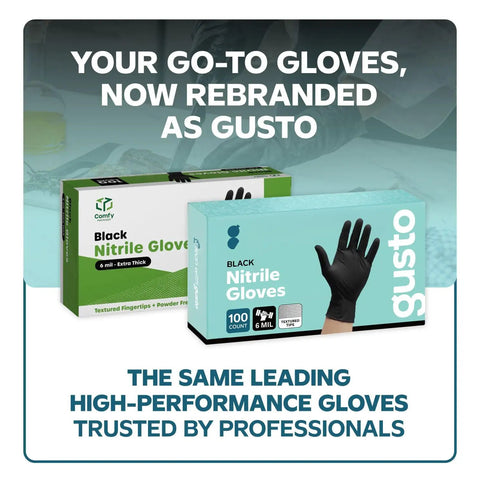 Black Nitrile Gloves 6 Mil Heavy Duty Disposable For Food Prep And Tattooing Latex Free Powder Free Textured Fingertips 100 Count Medium in rebranded packaging.