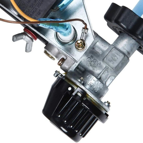 Close-up of the control valve on a Powerful 32,000 BTU LP Propane Tank Top Heater With Dual Heads Your Go To Heat For Parties Garages Barns And Workshops Wind Resistant Frame Safe Shutoff Valve Tip Over Switch Heats Up To 620 Square Feet