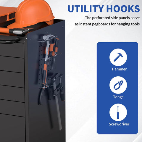 Tough As Nails 30 Inch Tool Storage Cabinet Featuring Heavy Duty Steel Build And Roll Smooth Lockdown Casters For Effortless Mobile Workshop Organization In Black with orange utility hooks