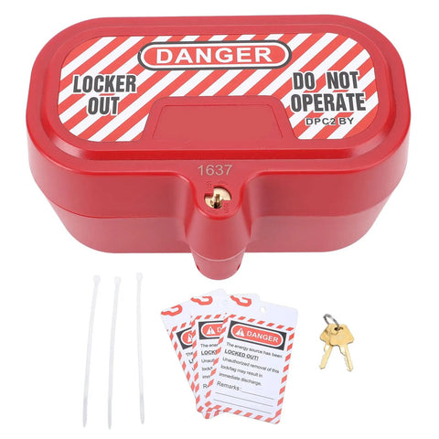 Industrial Plug Lockout Box With Self Locking Design And Integrated Lock Cylinder, red with danger label, labels, keys