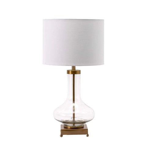Hendry 23 Inch Glass Table Lamp With Brass Finish, Fabric Drum Shade, ideal for cozy vibe lighting in living room or bedroom