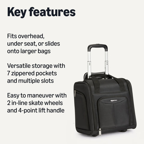 Amazon Basics underseat carry-on luggage, black 14-inch rolling bag with wheels and retractable handle.