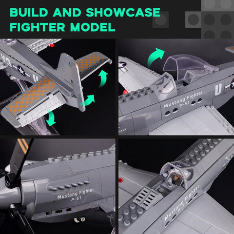 Close-up of P-51 Mustang Fighter Plane Model Kit With Display Stand One Twenty Six Scale 258 Piece Build Set for air display.