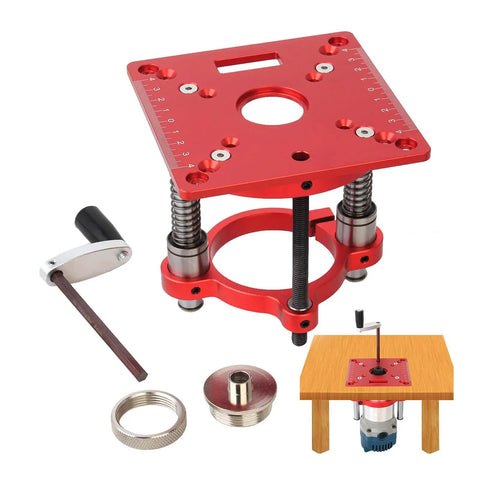 Rock Solid Heavy Duty Aluminum Router Table Lifting System with circle clamping for 63.5 to 65 mm milling machines on display