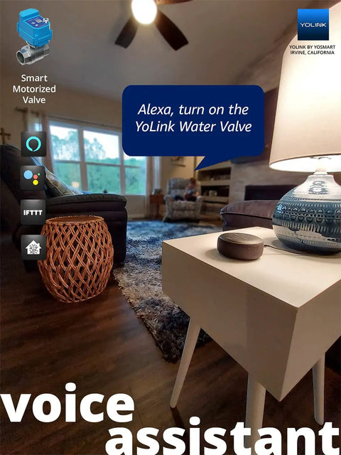 Pro Grade Smart Motorized Stainless Steel Ball Valve With LoRa Wireless Control in living room setting showcasing Alexa integration.