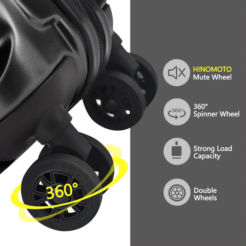 Close-up of dual compartment carry on luggage wheels with 360-degree spinner and Hinomoto mute feature for smooth travel.