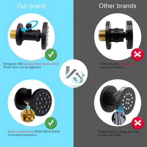 Comparison of 2 Inch Brass Shower Body Spray Jets With Independent On Off Switch And 360 Degree Rotation Matte Black Wall Mount Massage Spa Jet Dual Function Flow Control And Adjustable Spray Face For Targeted Hydromassage with other brands