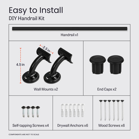Aluminum Handrail Kit For Indoor And Outdoor Steps And Stairs, DIY Complete Stair Railing System In Black, Easy Install With Wall Mounts End Caps And Screws components displayed