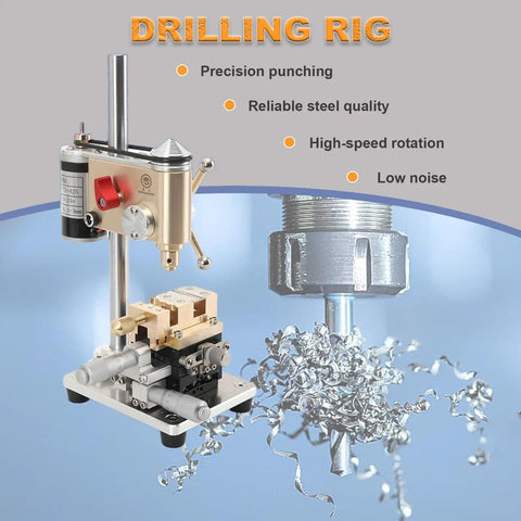 Compact Precision Variable Speed Mini Drill Press With Slide Portable Benchtop Machine shown with precision components and metal shavings.