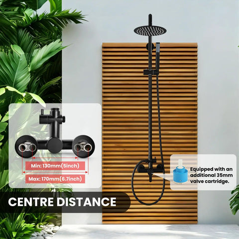 Built Like A Tank Outdoor Shower Kit With Solid 304 Stainless Steel And Sleek Matte Black Coating showcasing adjustable height and valve details.