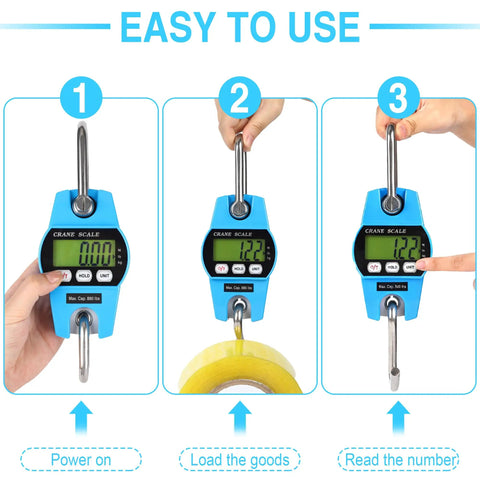 Heavy Duty Digital Crane Scale 660 Lb Handheld Hanging Weight Scale With Crisp Backlit Lcd Display in use, displaying weight readout.