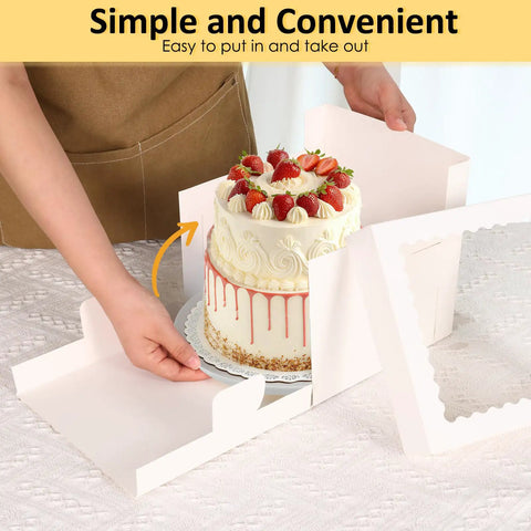 5 Pack 8 Inch Cake Boxes Built Tough With Heavy Duty Cardboard And Big Clear Window Bakery Containers For Grab And Go Treats Cake Carriers And Darn Good Dessert Packaging Gear being used to place a decorated cake.