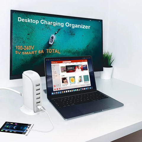 40W USB Charging Hub Workhorse With Five Ports And Type C 3A Desktop Wall Charger Tower on desk with laptop and plants