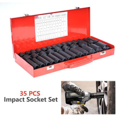 35-Piece 1/2 Inch Drive Deep Impact Socket Set With 6-Point Sockets, Heavy Duty Spindle And Axle Nut Kit in red case