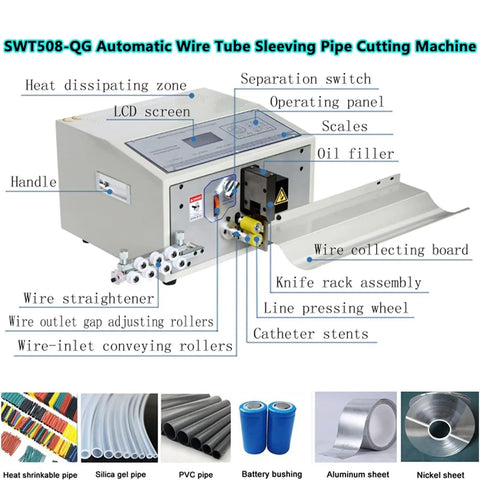 SWT508-QG Automatic Electric Wire Stripping Machine And Tube Cutter Peeler with LCD screen and components for cable projects.