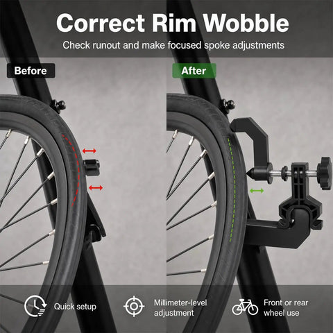 Slick Portable Bike Wheel Truing Stand showing before and after rim adjustments for MTB and road cycles with precise alignment features.