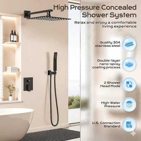 Slick Matte Black Shower Faucet Set With 10 Inch Rain Head And Handheld Sprayer, showing high pressure concealed shower system.