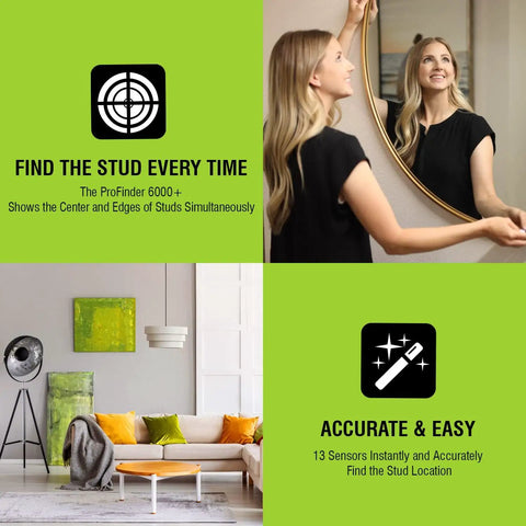 Dead On Accuracy 13 Sensor Stud Finder Wall Scanner with heavy duty grip, woman using it to find studs in wall.