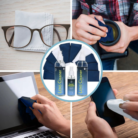 Lens Cleaner spray kit: three spray bottles and ten blue microfiber cloths for eyeglasses and electronics