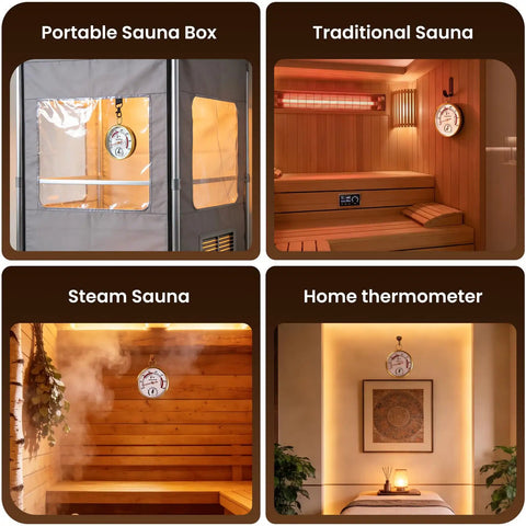 2 In 1 Sauna Thermometer And Hygrometer For Home Infrared Indoor Use Portable Steam Sauna Box Accessory Precision Temperature Gauge And Humidity Monitor Measures 68 To 212 Fahrenheit And 0 To 100 Percent Humidity, hanging in sauna