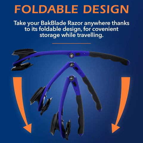 Slick And Smooth Waterproof Back Shaver For Men With A Grippy Silicone Handle and Painless Razor Kit, foldable design for travel.
