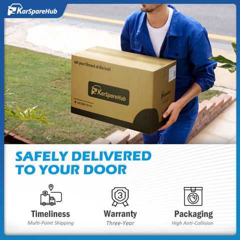 Person delivering KarSpareHub package labeled 'safely delivered to your door' highlighting timeliness, warranty, and packaging