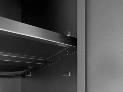 Heavy Duty 15 Piece Garage Cabinet Set Features Fully Welded Steel Shelves showing metal shelf support and structure detail.