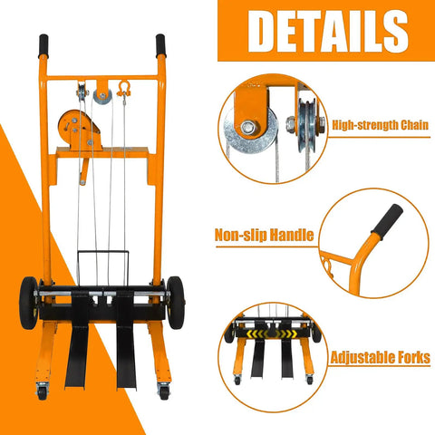 The Heavy Duty Manual Pallet Stacker Material Lift Winch Loader With 330 Lbs Capacity And Rubber Swivel Casters showing adjustable forks and non-slip handle.