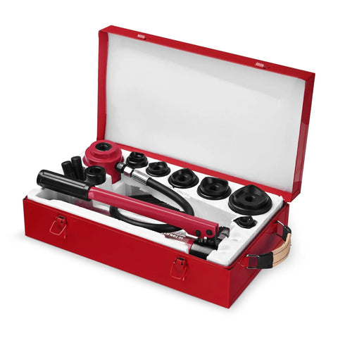 Heavy Duty 10 Ton Hydraulic Knockout Punch Set Rugged Pro Workhorse in red toolbox with various fittings and punch dies.