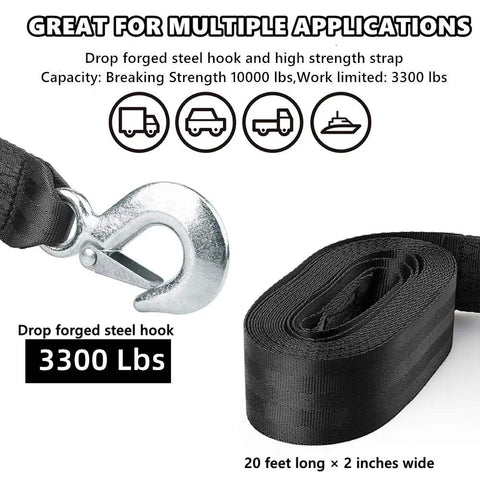 Super Durable Trailer Winch Strap With Safety Snap Hook 2 Inch x 20 Ft showing black polyester strap and drop forged steel snap hook.