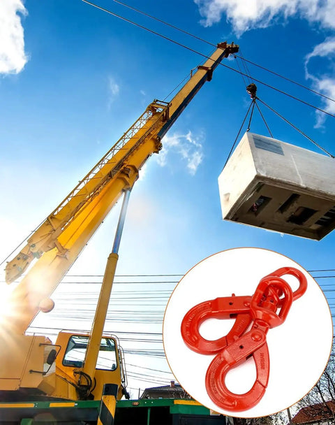 Heavy Duty Rock Solid G80 Alloy Steel Swivel Self Locking Hook 3/8 Inch 2470 Lbs Working Load Limit in crane operation image.
