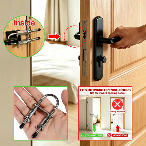 Built Tough Portable Door Lock For Outward Opening Doors Stainless Steel Road Ready Travel Security For Hotels And Vacation Rentals Solid Kickproof Backup Guard installed on a door.