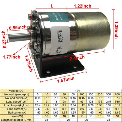 Low Speed 12V DC Geared Motor With 37mm Gearbox And Mounting Bracket, 10 RPM Output, showing dimensions and specifications chart.