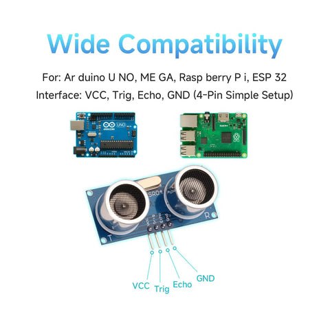 Waterproof Ultrasonic Distance Sensor Kit With 0.2 to 4.5 Meter Range, High Precision, Low Power Consumption shown with Arduino and Raspberry Pi compatibility.