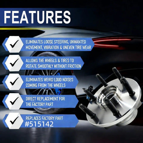 Features of Ford Front Wheel Hub Bearing Assembly 515142 For 2011 to 2014 F150 And Expedition, includes 6 lug and ABS sensor.