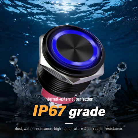 15 Amp Latching Push Button Switch 2 Pack 16mm 12V 24V DC AC IP67 Waterproof Black Shell With Blue LED Angel Eye Light On Off And Wire Socket Heavy Duty, close-up IP67