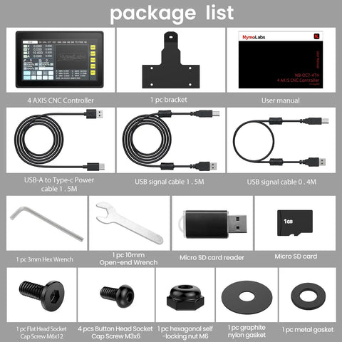 Package contents of Dope Four Axis USB CNC Offline Controller With Seven Inch IPS Touch Screen for GRBL Firmware and CH340 Chip.