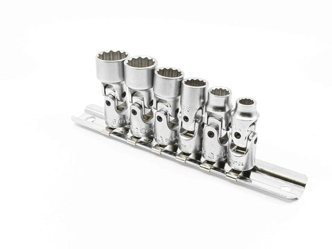 Six-Piece 1 Quarter Inch Drive SAE Universal Hand Socket Set With Rail Holder, 12-Point, CR-V Steel, Flexible Universal Joint, engraved markings
