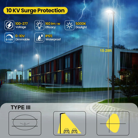 Led Parking Lot Light With Switchable 200W 180W 150W Output 5000K 32000lm illuminating stormy commercial area