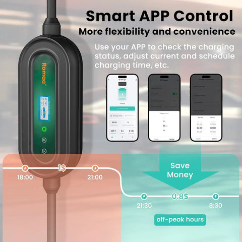 Portable Level 1 And Level 2 EV Charger With J1772 16A, Dual Voltage 120V 240V, app control display