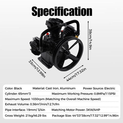 Heavy Duty 4 To 5 Horsepower Replacement Air Compressor Pump Head with 3-cylinder cast iron design, showcasing specifications and dimensions.