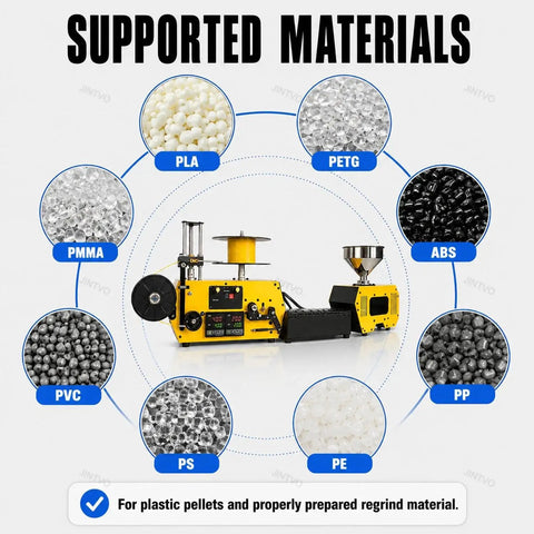 Supported materials for Top Shelf Heavy Duty Desktop 3D Printer Filament Extruder Machine And Recycler include various plastics.