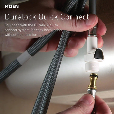 Hands connecting DuraLock Quick Connect system for One-Handle Pullout Kitchen Faucet In Chrome With Dual Spray Wand Aerated Stream