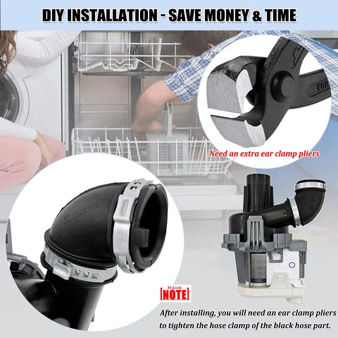 Dishwasher Circulation Pump Motor Assembly Replacement Parts Fits W10529163 W10885542 W10864037 W10816492 With Plug And Play Install And Reliable Performance For Most Models. DIY dishwasher circulation pump motor assembly with hose clamps and pliers