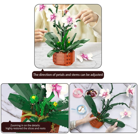 Orchid Floral Building Blocks Kit For Adults Dope DIY Flower Brick Set For Home Decor 729 Pieces Realistic Orchid Build Perfect Gift For Mom Girlfriend Valentines Or Mothers Day, adjustable stem detail