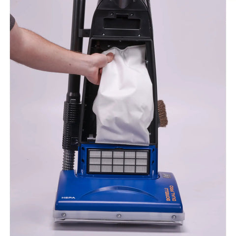 Powr-Flite Borelli Dual Pro Upright Vacuum With HEPA Filtration For Heavy Duty Commercial Use bag removal process showing bag and filters.