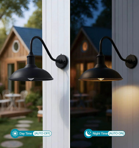 12.6 Inch Outdoor Gooseneck Barn Light With Dusk To Dawn Sensor for farmhouse porch, showing day and night functionality